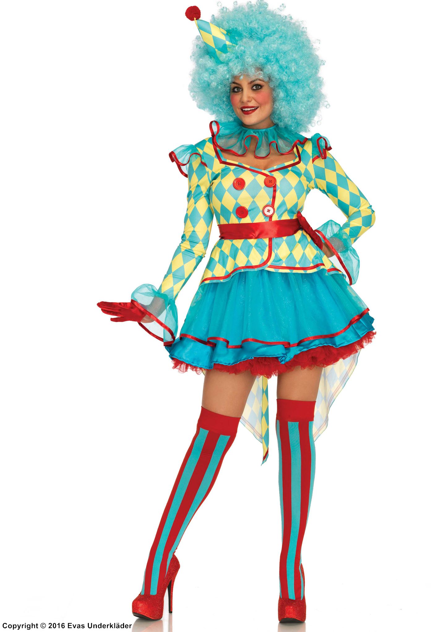 Female circus clown, costume dress, satin trim, buttons, diamond pattern